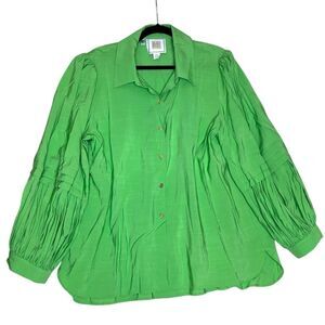 Emily McCarthy Green Button Front Blouse XXL Pleated Statement Sleeves